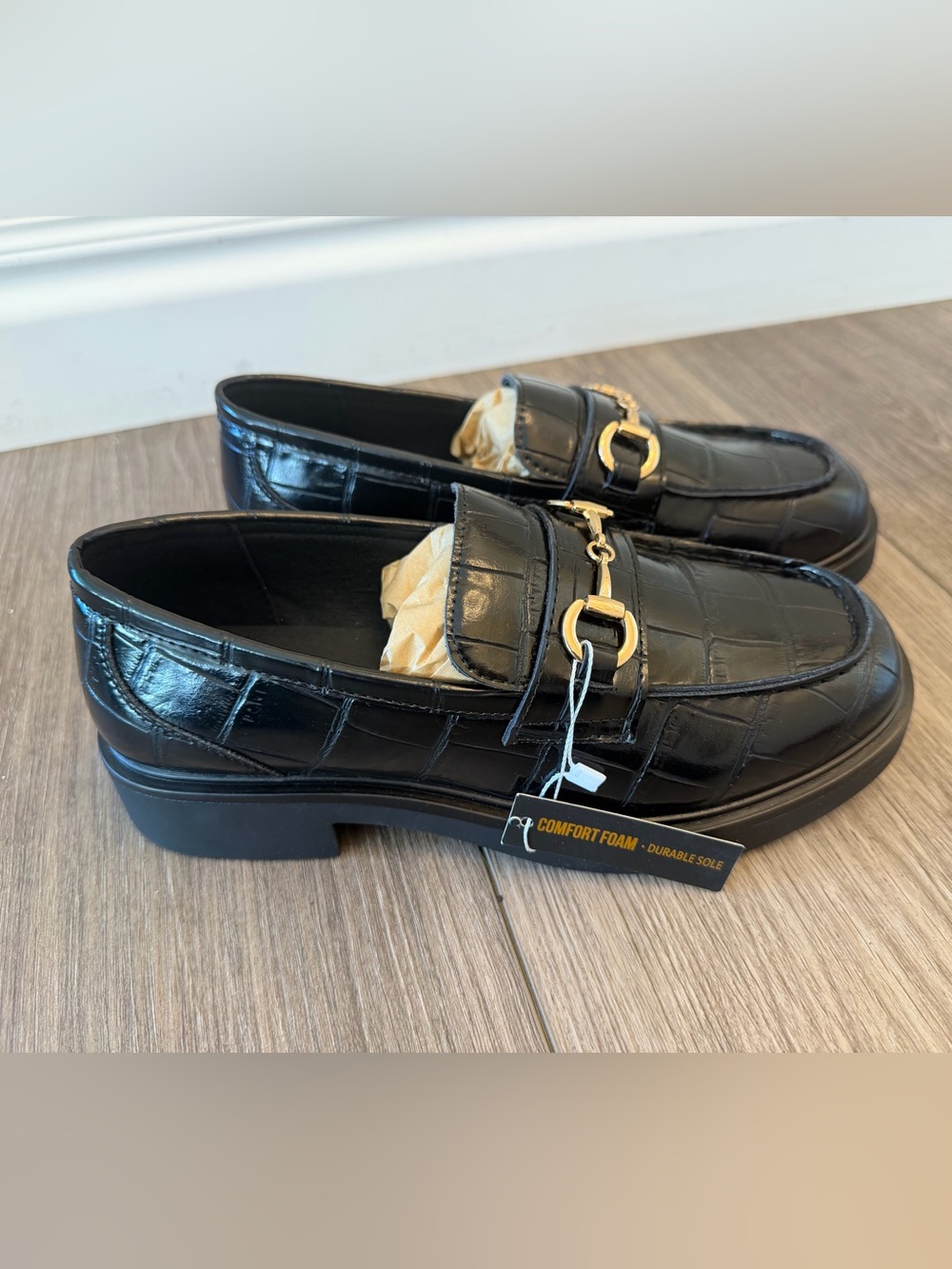 Women’s Black Croc-Embossed Slip-On Loafers with Gold Bit